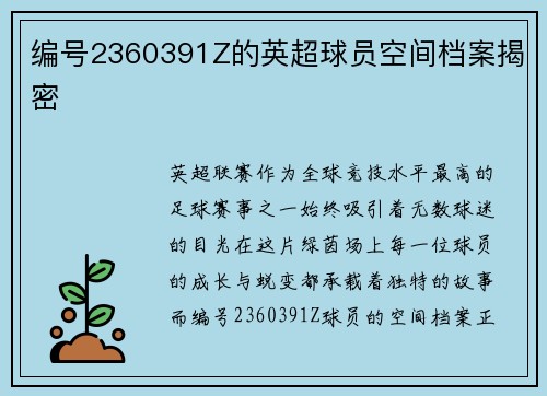 编号2360391Z的英超球员空间档案揭密